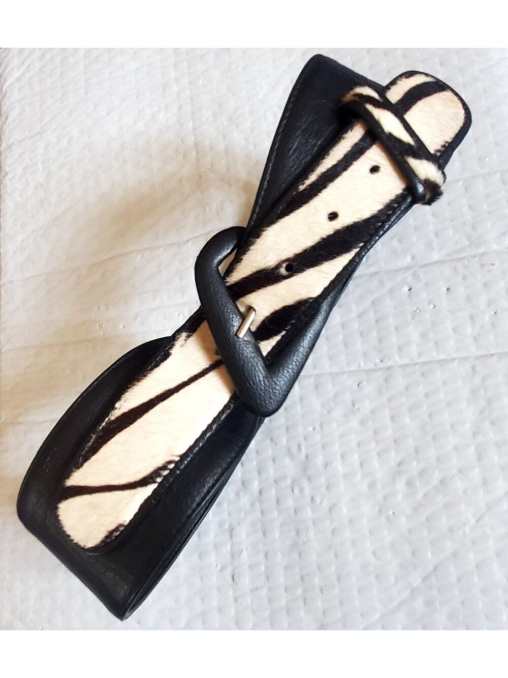 NOS Vtg Wm Belt 25-30" Zebra Calf Leather 3" Wide Black White Sculptural Buckle